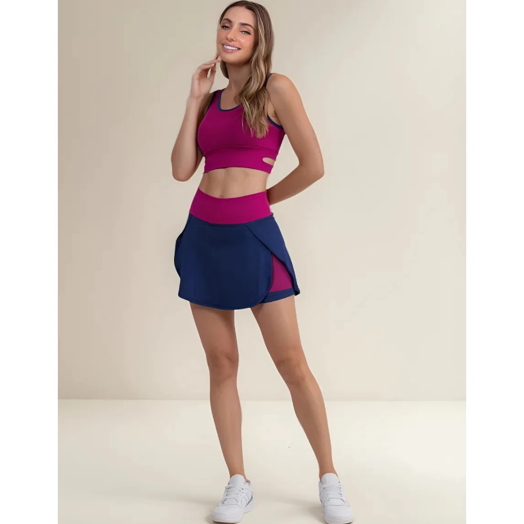 Conjunto Fitness Feminino Top com Recorte + Short Saia com Bolso – Academia e Treino