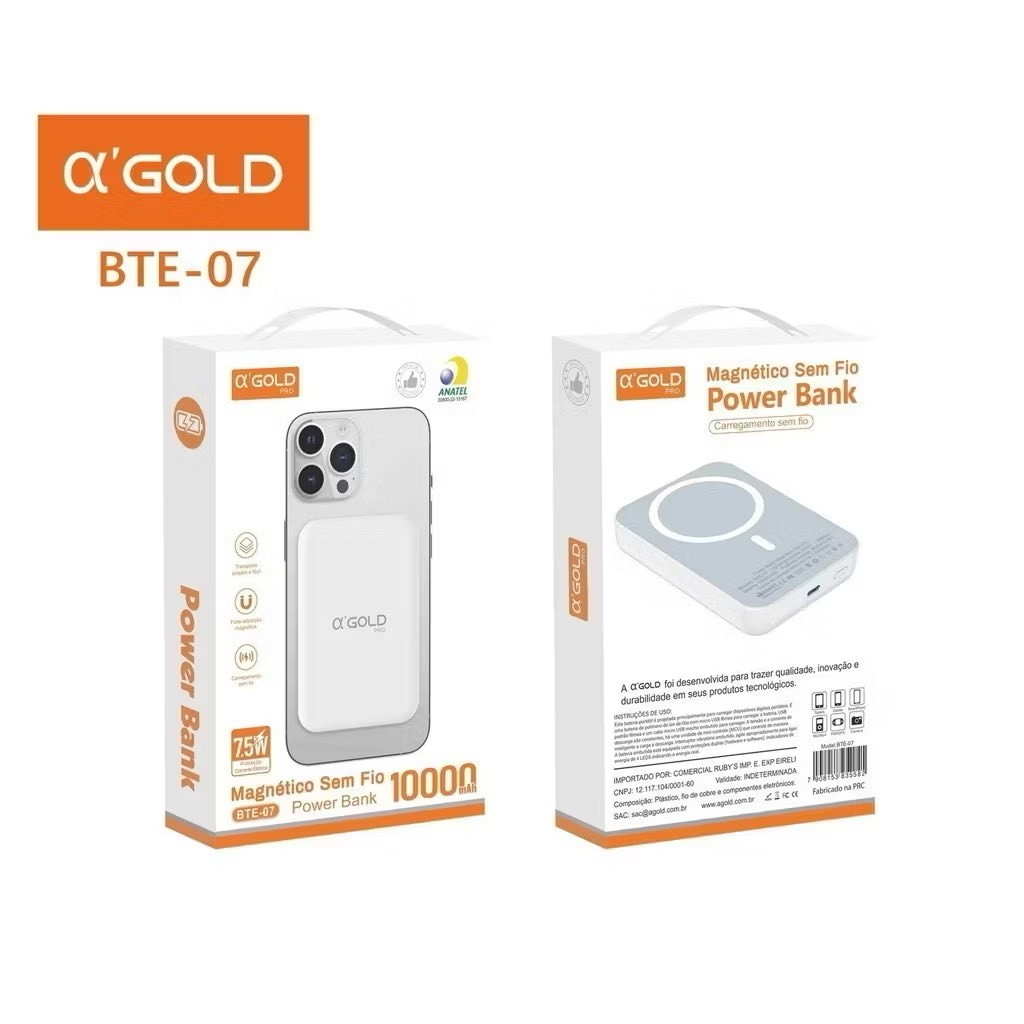 Carregador Power Bank 10000mah Magnético Indução Sem fio 7.5w Para iPhone 12 13 14 A'GOLD BTE-07 em Oferta na Shopee
