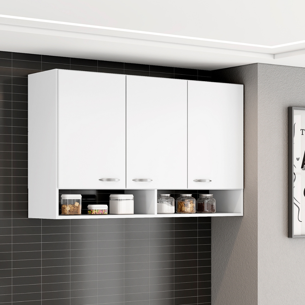 Armário Aéreo Cozinha 3 Portas com Nicho Suspenso 115cm Valência Branco em Oferta na Shopee