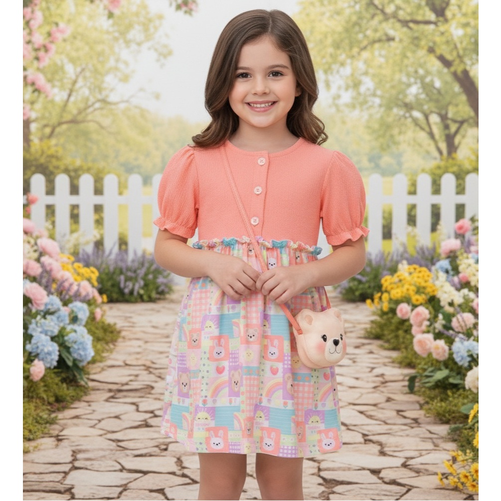 Vestido Infantil Menina Wave e Malha Fresh Acompanha Bolsa INFANTI