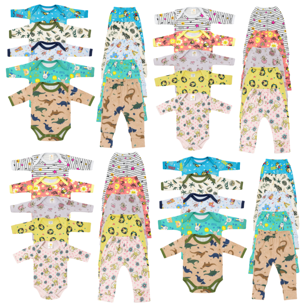 Kit 10 Peças Enxoval Bebê Body Manga Longa + Mijão vira pé Estampada Sortidas Meia Estação