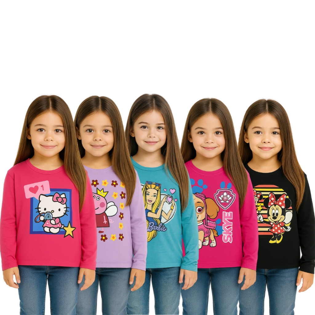 Kit Econômico 2 Camisetas Femininas Infantil Manga Longa – Estampas Variadas