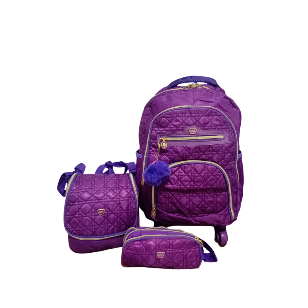 Kit Mochila Escolar Infantil Juvenil Com Rodinhas 360 Graus Mc4004 Roxa Lancheira Térmica E Estojo
