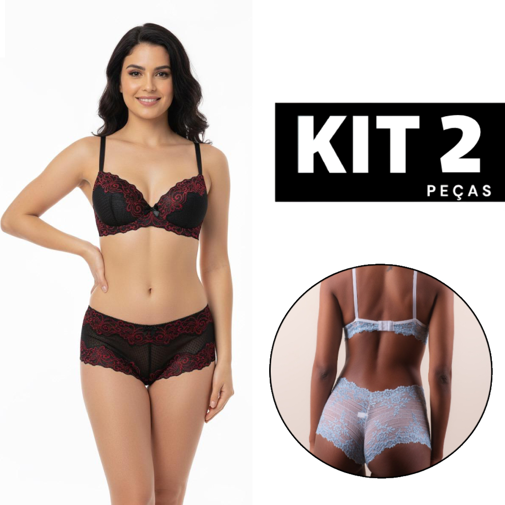 Kit 2/1 Conjunto Sutiã Com Bojo e Calcinha Renda Bicolor Lingerie Feminina Confortável Sexy Barato