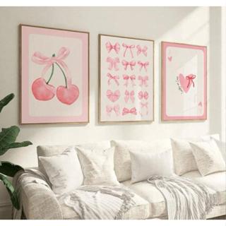 Quadro decorativo 3 peças minimalista cereja laço carta baralho rosa em Oferta na Shopee