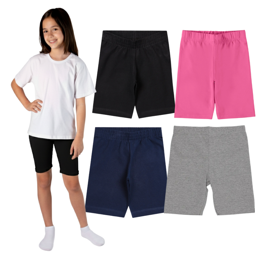 Kit 4 Bermudas Ciclista Escolar Básica Feminino/Menina Shorts Meia Coxa Infantil/Juvenil 1 ao 16