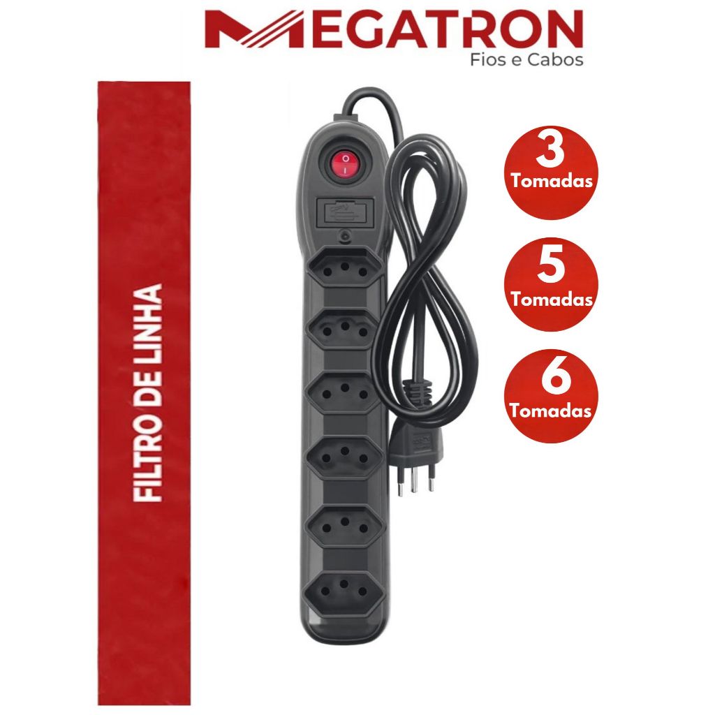 FILTRO DE LINHA REGUA EXTENSÃO ELÉTRICA 3 4 5 6 TOMADAS 10AMPERES CABO 1 e 3 METROS MEGATRON