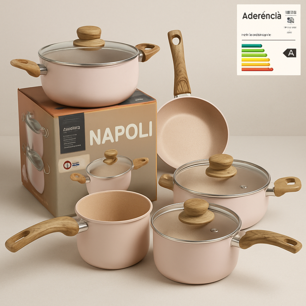 Imagem Jogo de Panelas 5 Peças Antiaderente em Cerâmica Tampa Vidro Alumínio Soft Touch Cabo de Madeira