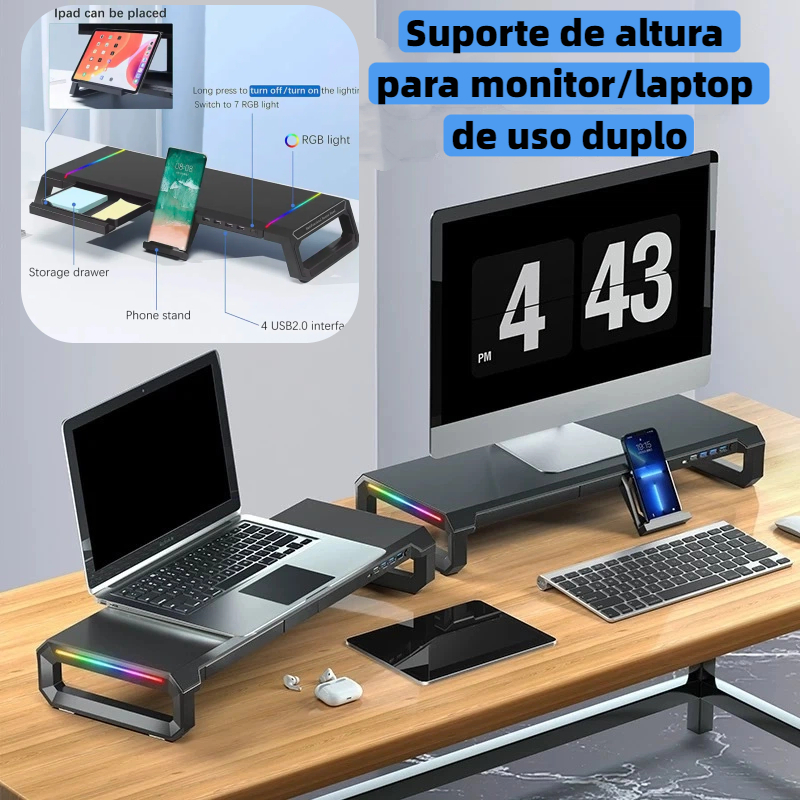 Base para monitor gamer luz RGBSuporte para Notebook com 4 USB e armazenamento e proporciona uma altura confortável B104 em Oferta na Shopee