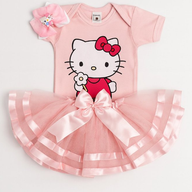 Kit Mesversário Hello Kitty Body Bebê com Tule de Luxo e Laço Fantasia em Oferta na Shopee