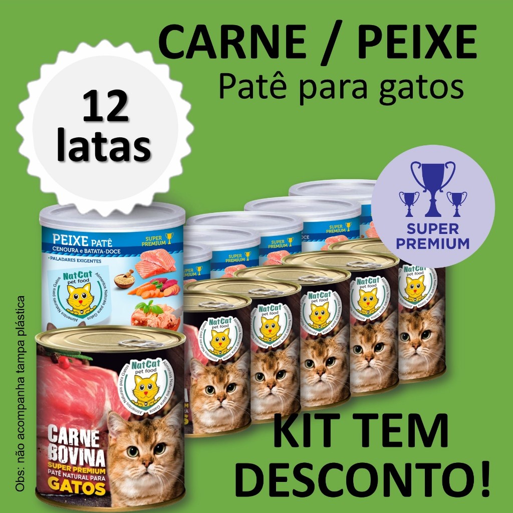 Kit Ração Úmida Patê Natural Maximo Sabor Carne Peixe Gatos NatCat Pet Food Ração molhada