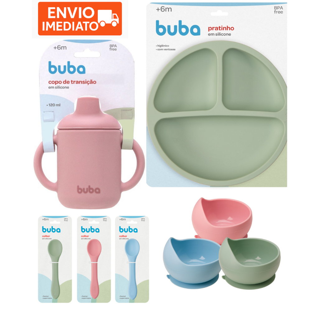 Kit Buba Completo Introducao Alimentar Silicone Bebe Prato Copo Colher Bowl Rosa Verde Azul em Oferta na Shopee