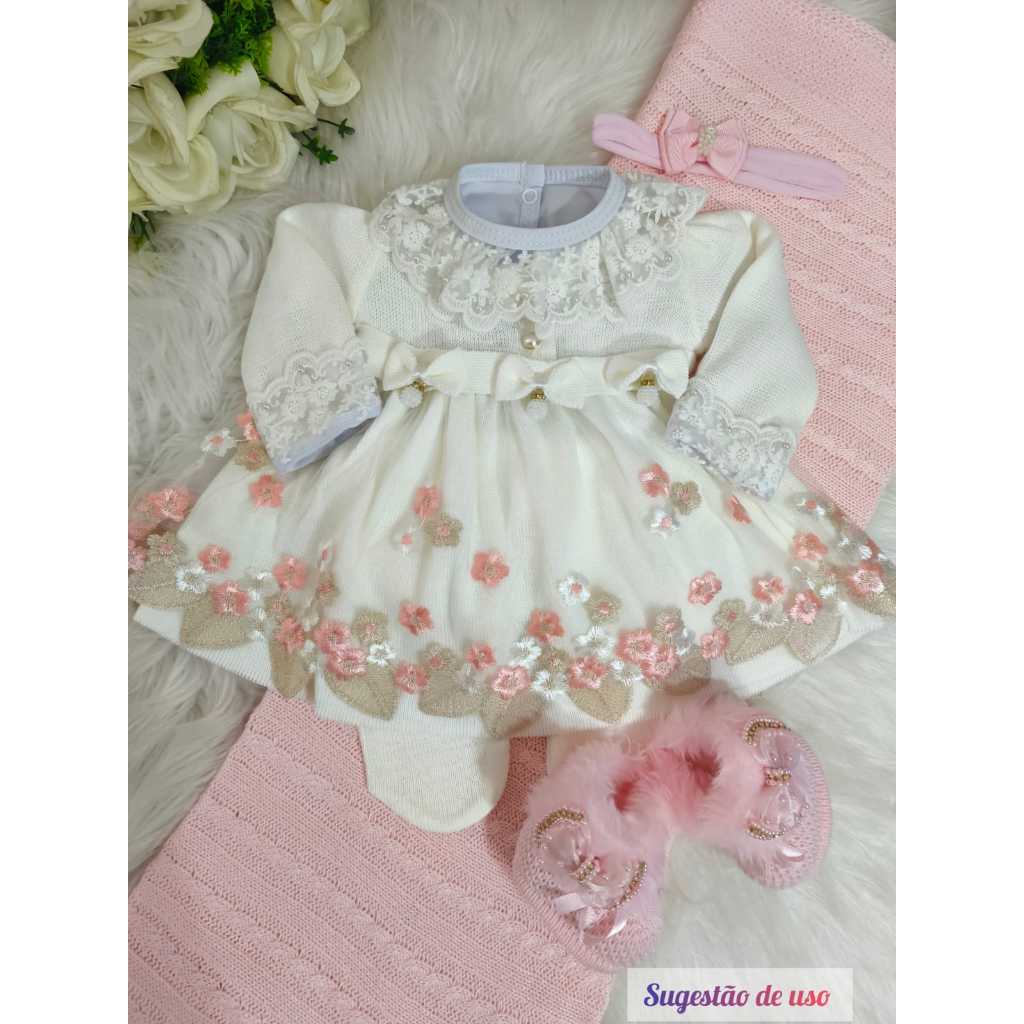 Saída Maternidade Vestido Em Tricô Com Renda 3 Peças Para Recém Nascido Vestido Calça Tiara
