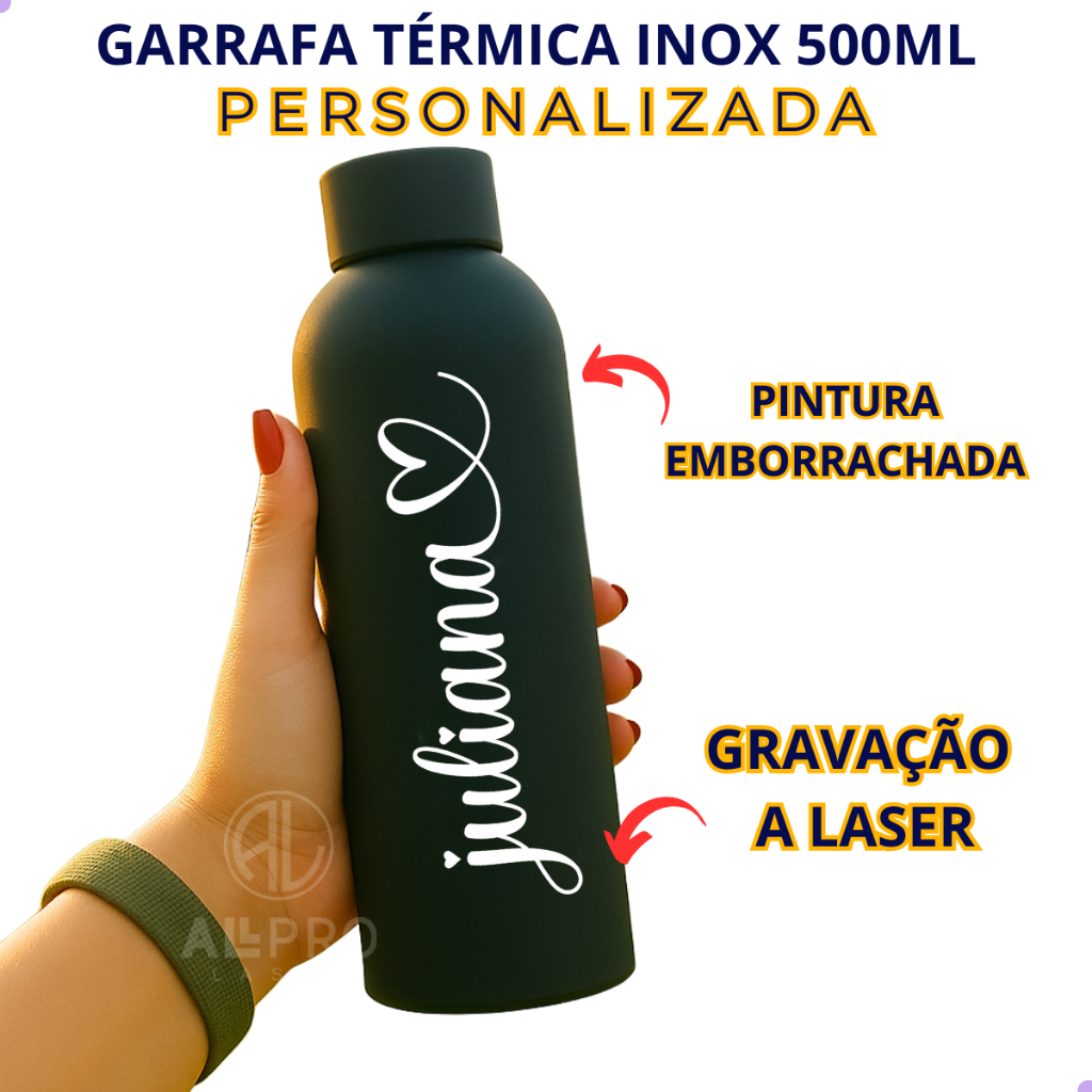 Garrafa Térmica Inox 500ML Pintura Emborrachada Personalizada a Laser