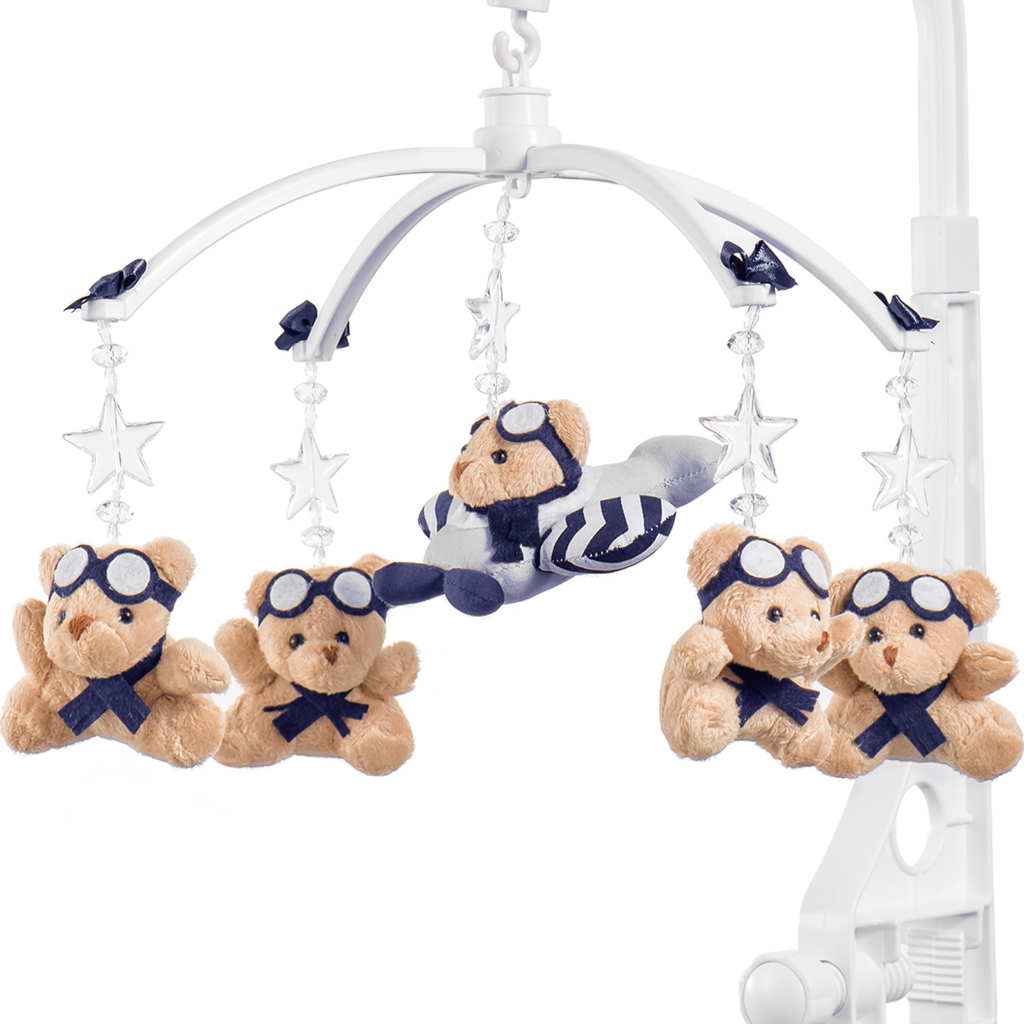 Móbile Berço Bebê Musical E Giratório Urso Aviador Azul Marinho