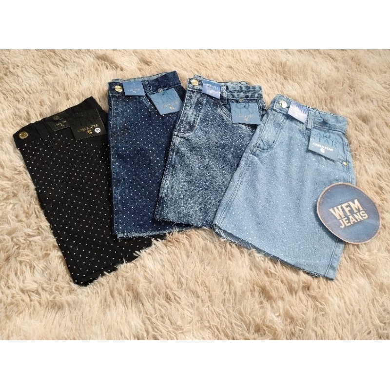 Mini Saia Jeans Com Brilho Strass Salpicada