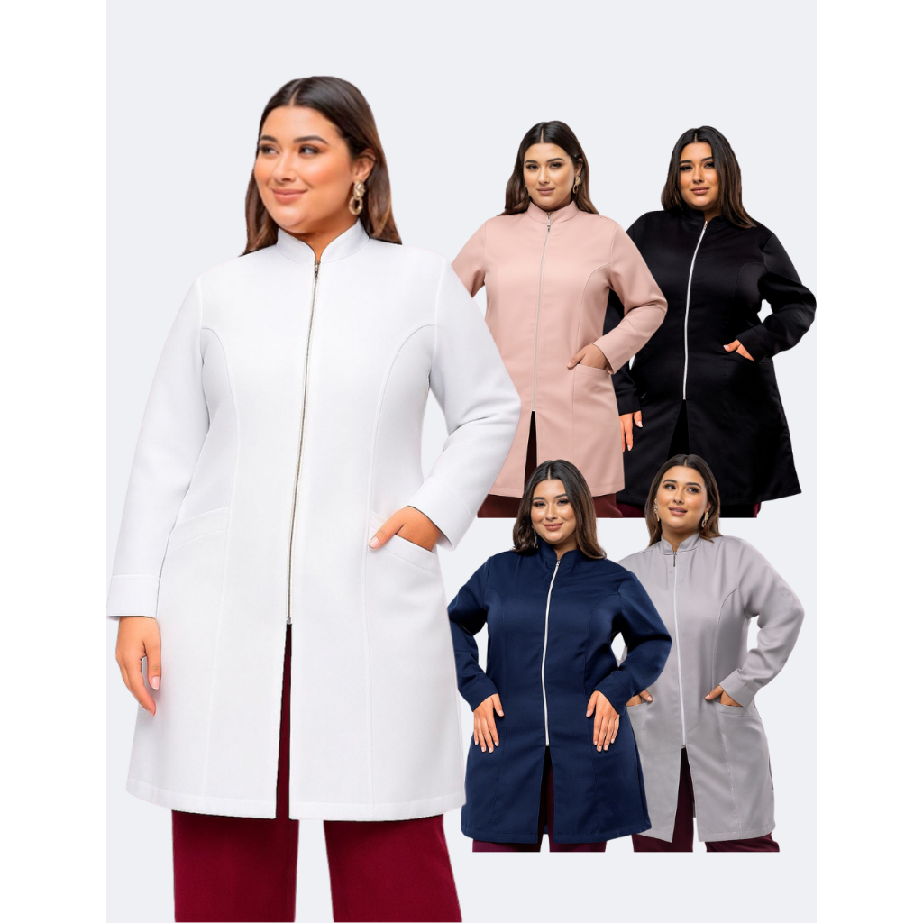 Jaleco Feminino Plus Size Zíper Oxford Punho Mag Botao Agne em Oferta na Shopee