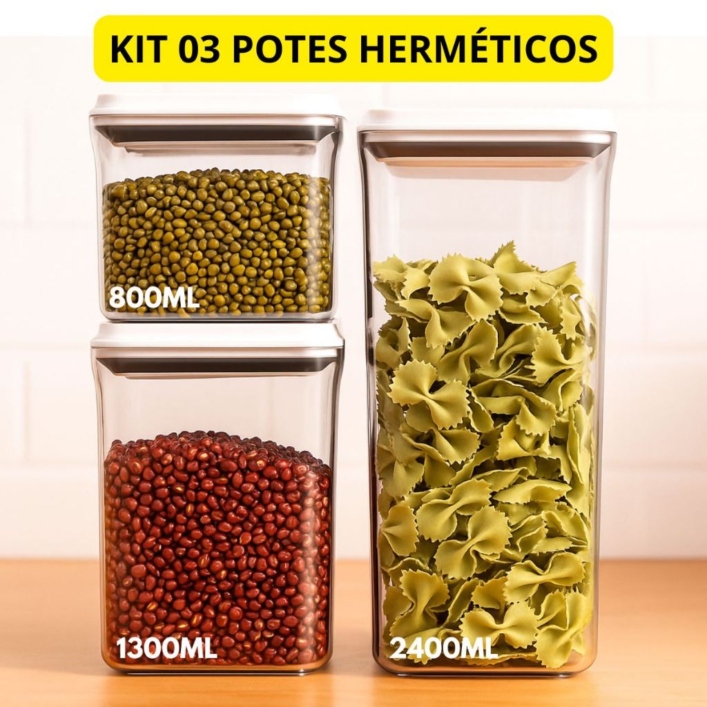 Kit 3 Potes Herméticos Acrílico Transparente Tampa Vedação Total Organizador de Cozinha para Mantimentos Secos e Cereais