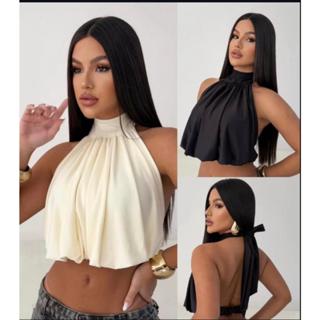 Blusa Cropped Top Gola Alta Plissado Soltinho C/ Amarração nas costas em Oferta na Shopee