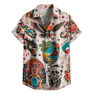 Camisa De Botão Tattoo Rocker Tattoo Style Caveira Leopardo E Praia Old School [Ref-430] em Oferta na Shopee