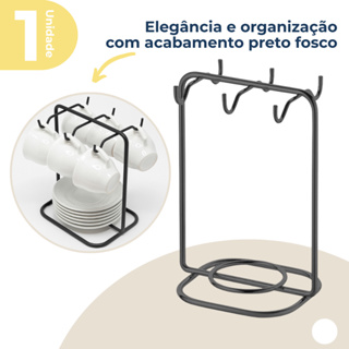 Suporte Organizador Porta Xícaras De Café e Pires Com 6 Ganchos Preto Fosco Future em Oferta na Shopee