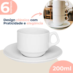 Jogo 6 Xícaras Empilhável 200ml Porcelana Branca Hotel Restaurante Com Pires Oxford