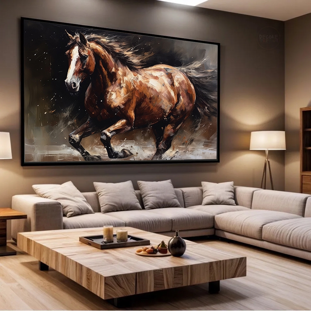 Quadro Decorativo Pintura Cavalo Marrom Escuro Sala Moderno Fazenda Grande