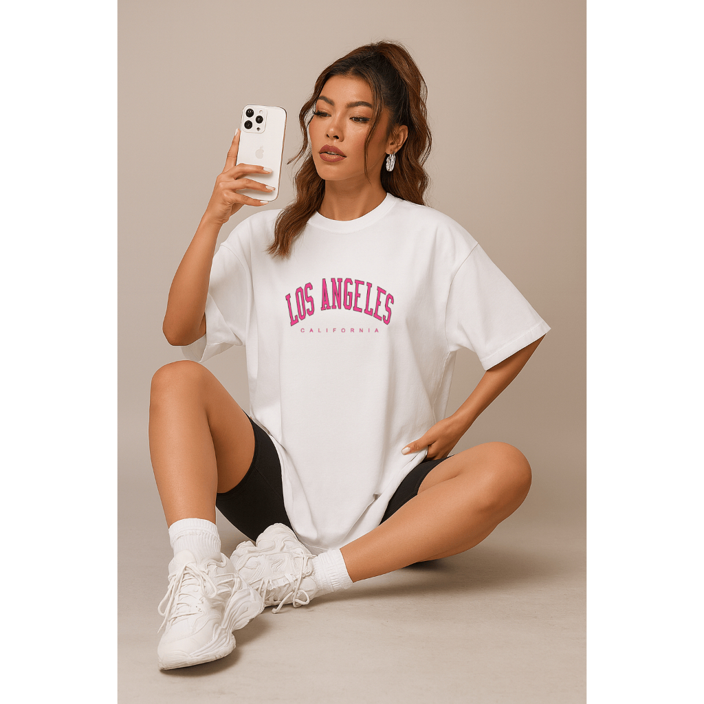 Camiseta Oversized Feminina Los Angeles California | Estampa Rosa | Premium | Estilo Streetwear