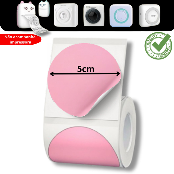 1 Rolo Etiqueta Adesiva Redonda 50X50 ROSA para Impressora GATINHO