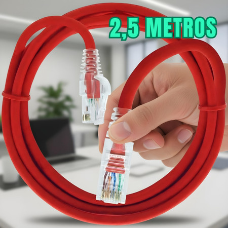 Cabo de Rede Internet 2,5 Metros Cat6 Patch Cord 100% Cobre Vermelho Furukawa