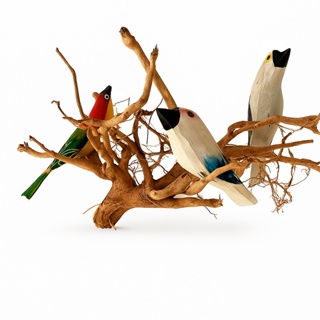 Escultura 3 Pássaros na Raiz em Madeira | Arara, Tucano e Passarinho Artesanal | Decoração de Jardim e Varanda em Oferta na Shopee