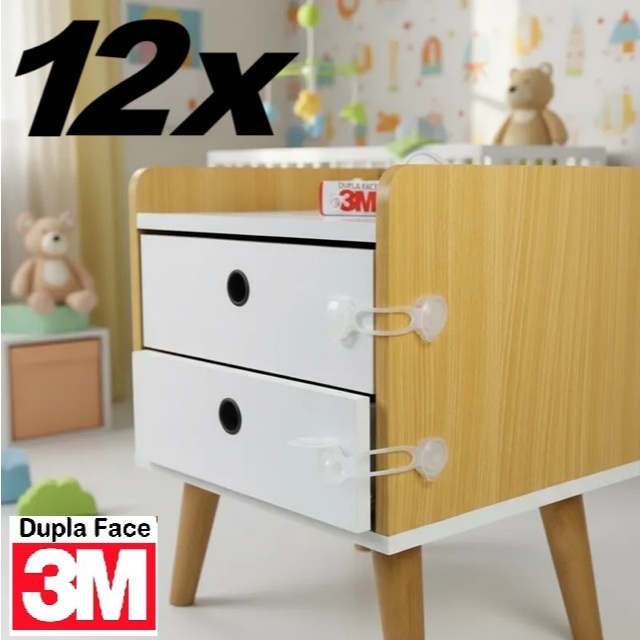Kit 12 Travas Gaveta Segurança Bebê Transparente - Adesivo 3M VHB