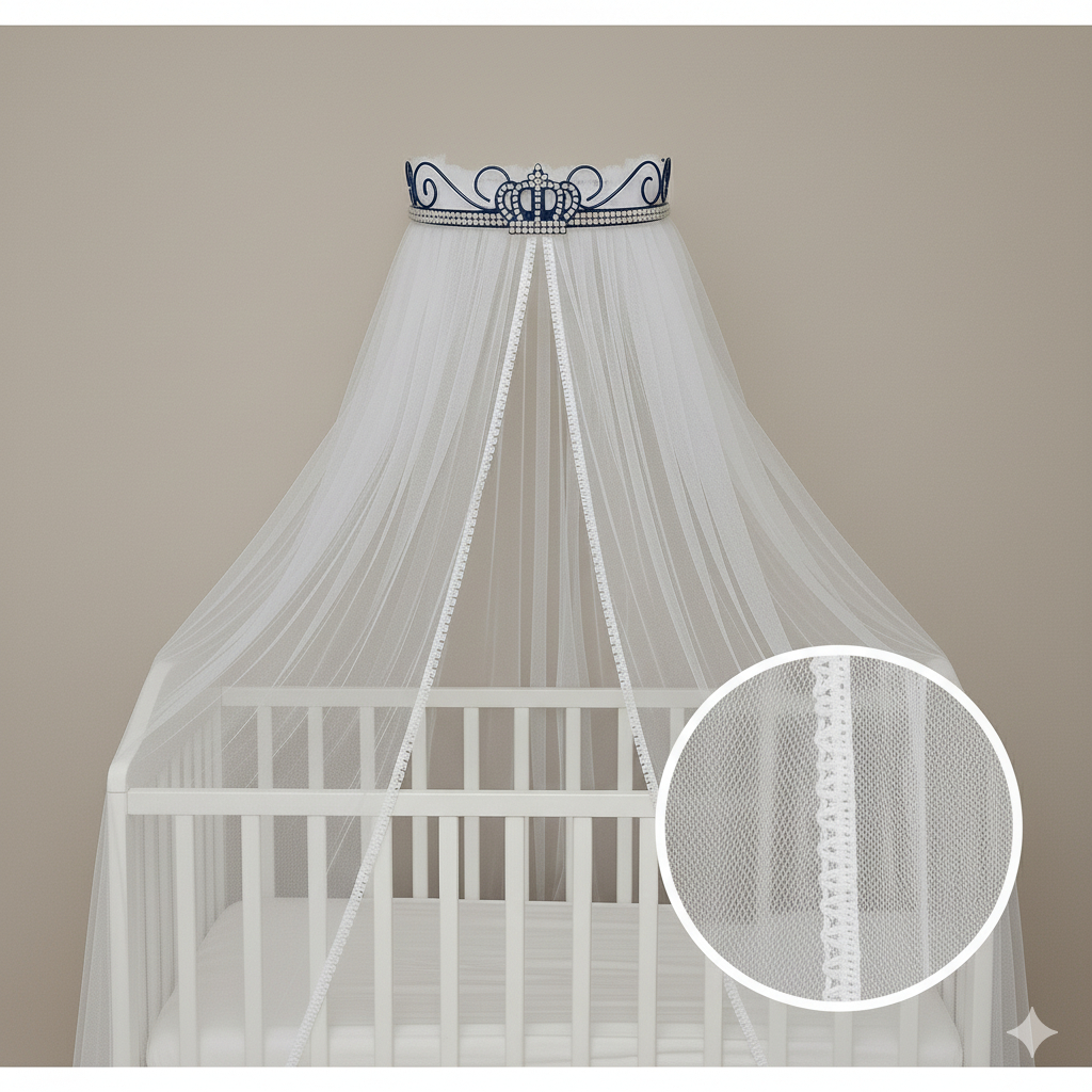 Mosquiteiro + Dossel Dorcel Rococó Pérola e Coroa Azul Marinho