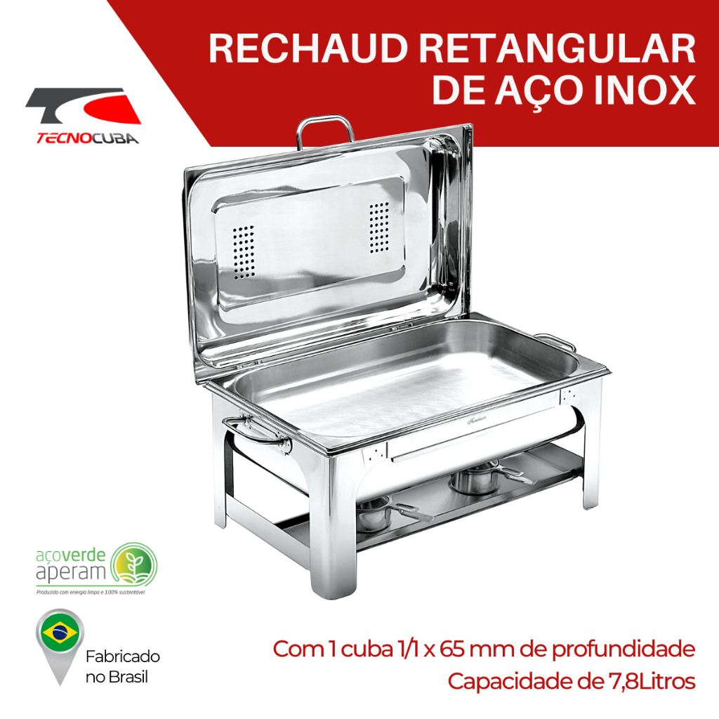 Rechaud Retangular Aço Inox 1 Cuba 1/1x65mm Tampa Basculante Profissional