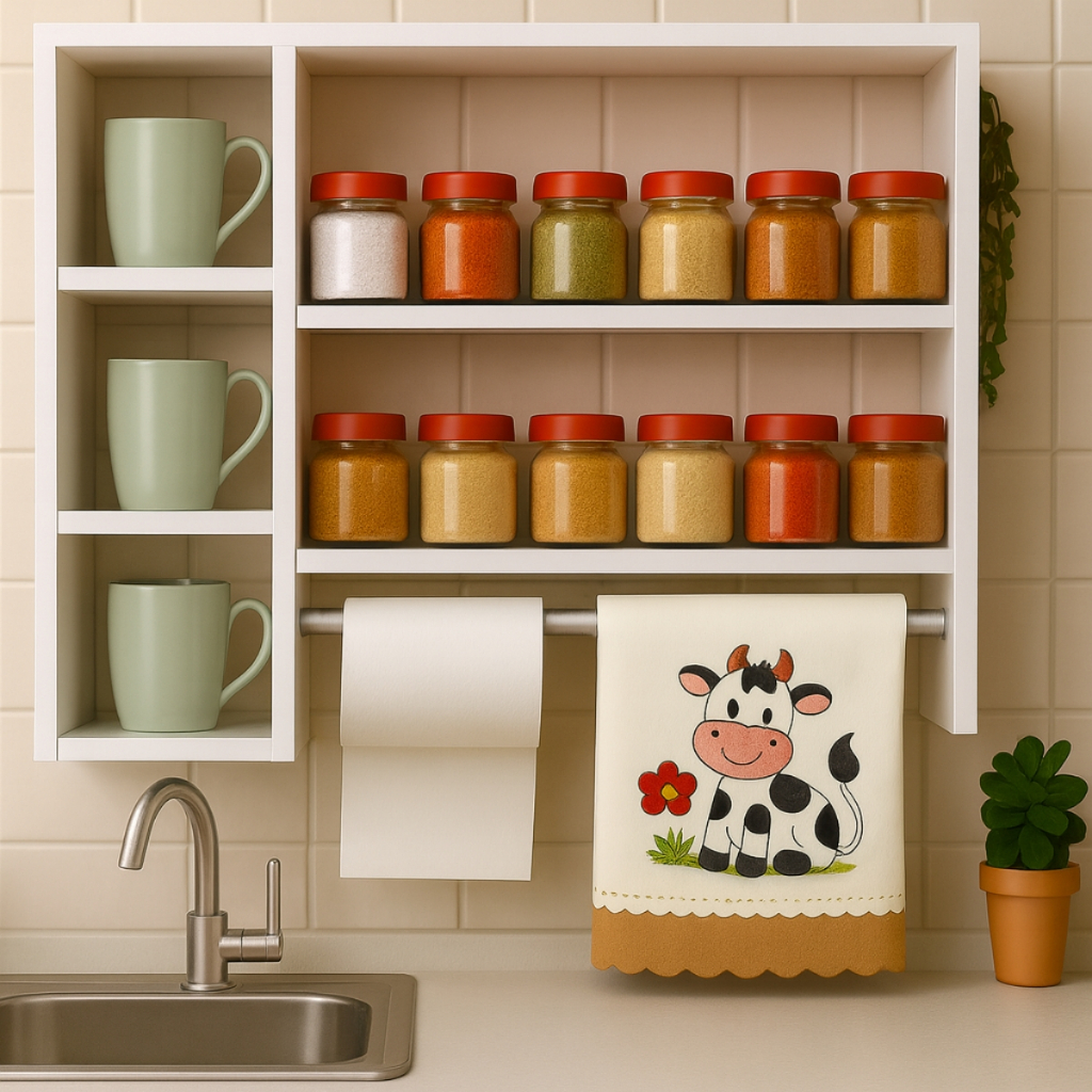 Porta Temperos de Parede em MDF com Nichos e Suporte para Pano