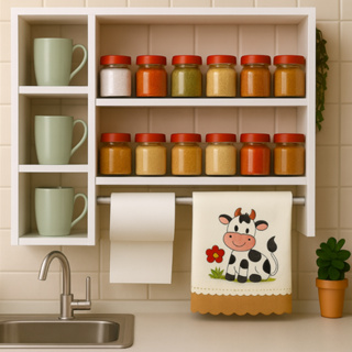 Porta Temperos de Parede em MDF com Nichos e Suporte para Pano em Oferta na Shopee