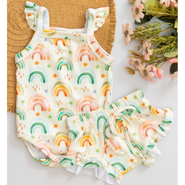 Conjunto Bebê Verão Canelado Menina Body e Tapa Fralda com Babado e Estampa de Arco-íris