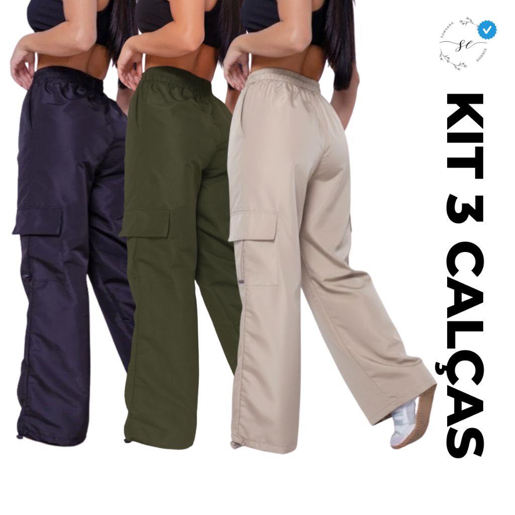 Combo 03 Calças Feminina Cargo Parachute com Elástico e Ajuste na Barra Tecido em Tactel Confortável