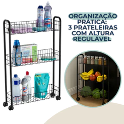 Armário Multiuso Com Rodinhas Organizador de Cozinha Lavanderia Prateleira Preto Fosco Future