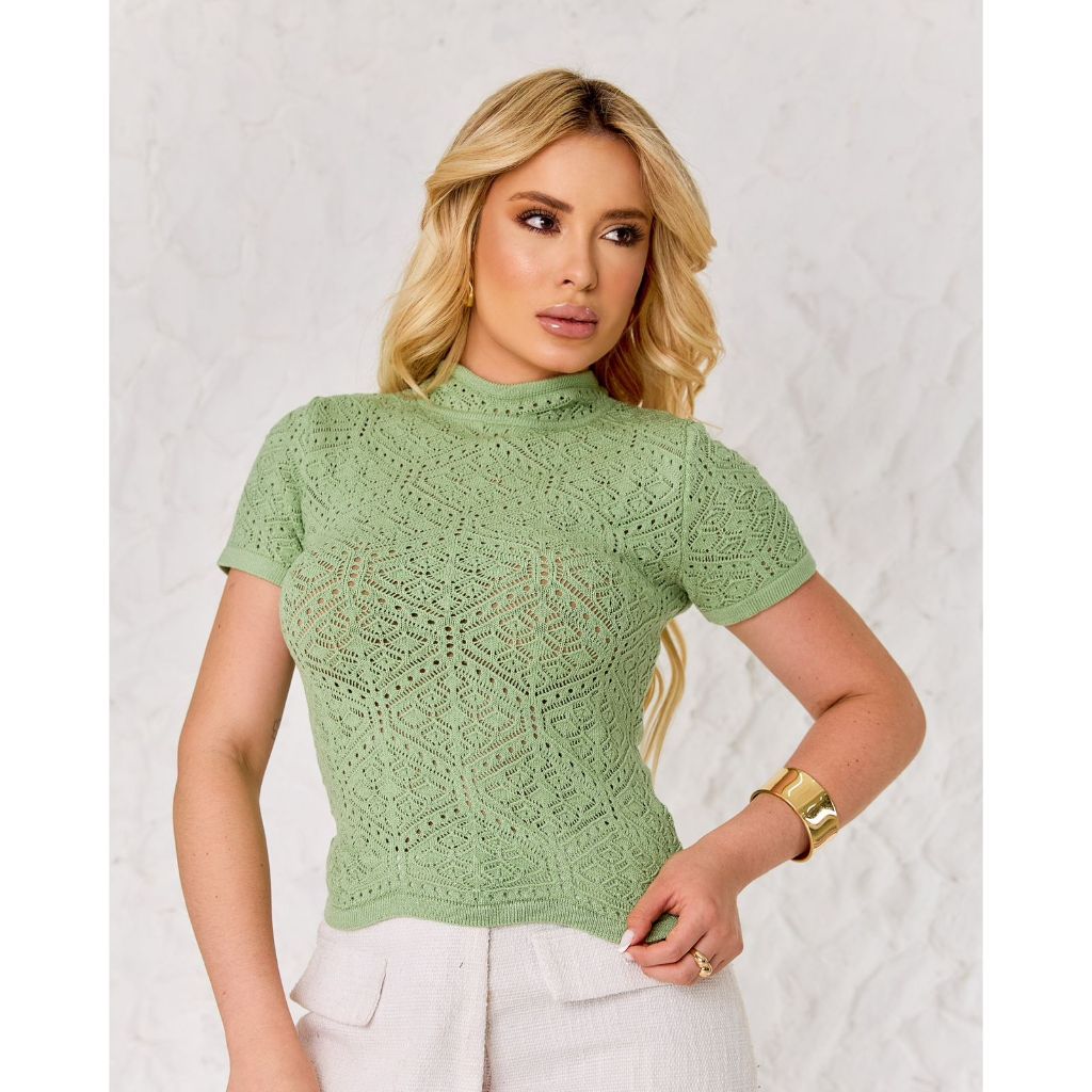 Blusa Rendada Feminina de Tricot Modal Premium Manga Curta Luxo Renda Elegante Moda Verão