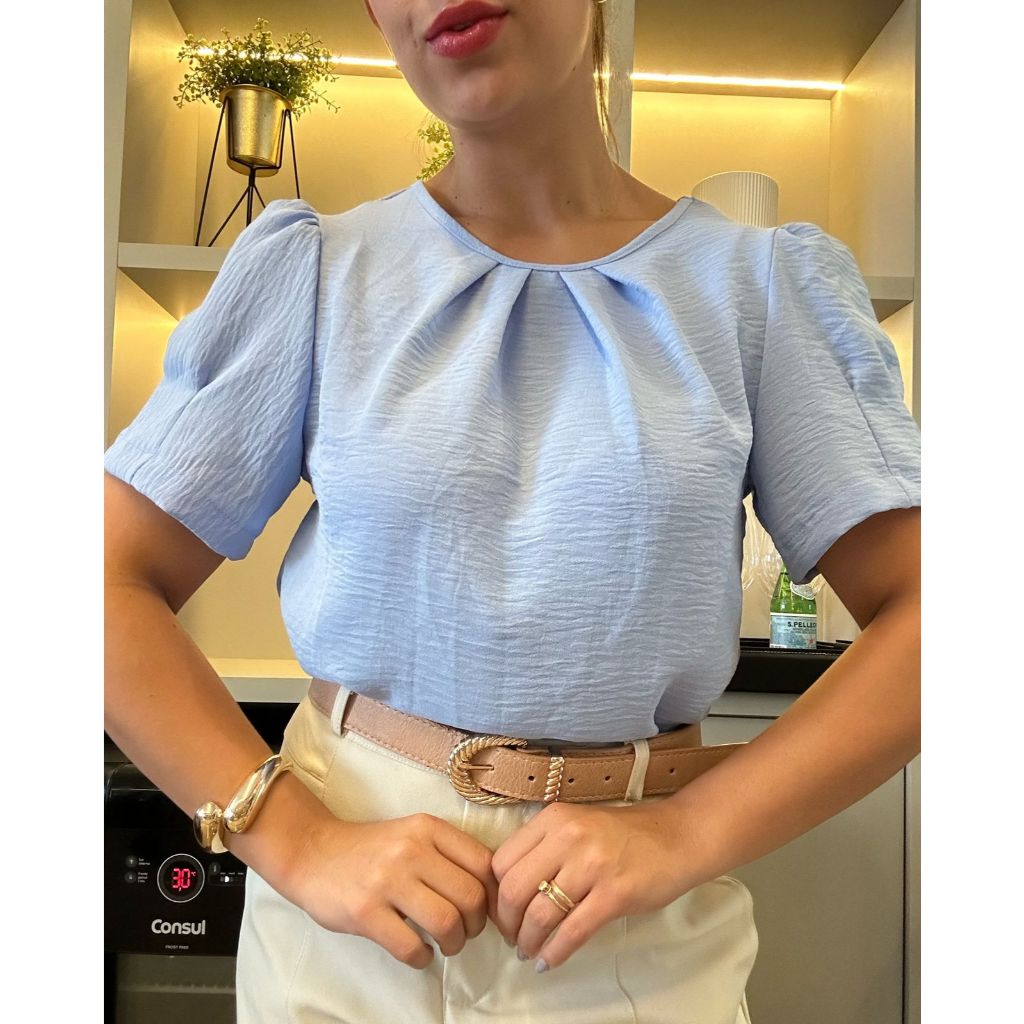 Blusa Feminina Tecido Duna - NÃO AMASSA - Manga Curta Com Pregas Elegante Luiza