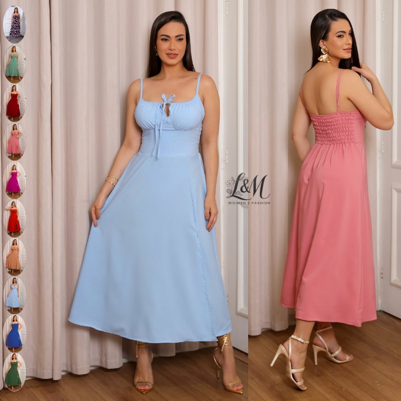 Vestido Feminino Mídi Romântico Verão Liso com Alça e Abertura na Saia Com Bojo em Oferta na Shopee