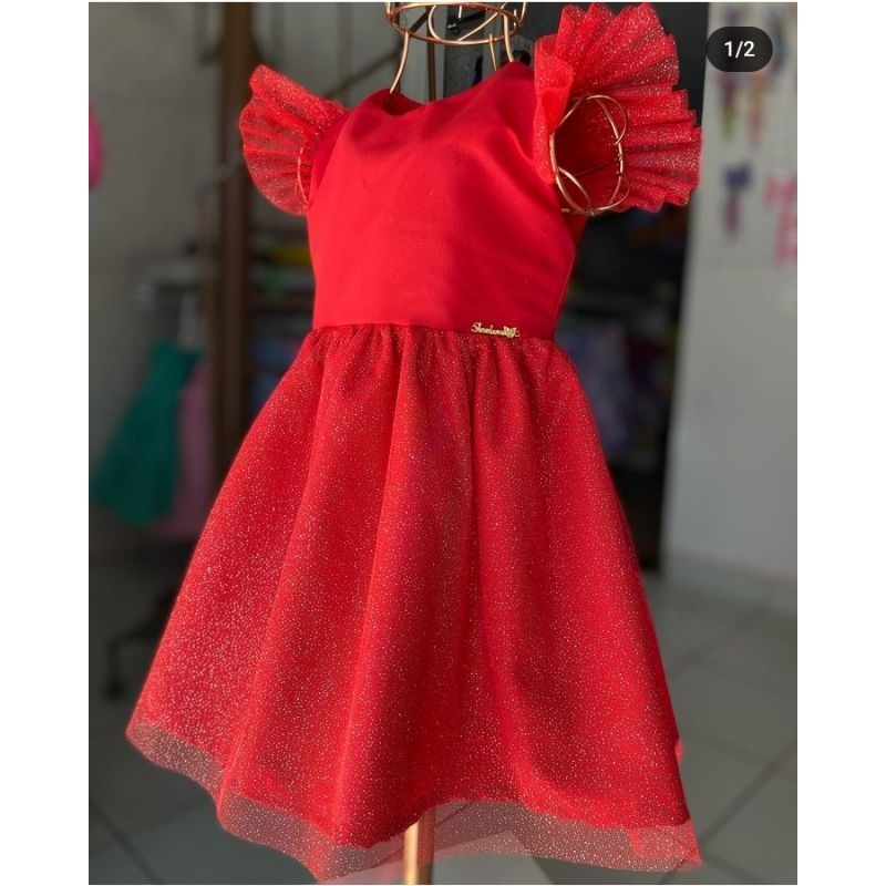 vestido  vermelho com tule na manga em Oferta na Shopee