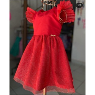 vestido  vermelho com tule na manga em Oferta na Shopee