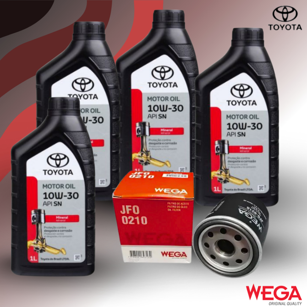 KIT TROCA DE ÓLEO 10W30 MINERAL TOYOTA 4L + FILTRO DE ÓLEO WEGA JFO0210 - CAMRY/COROLLA/CORONA/PASEO/PREVIA/RAV4