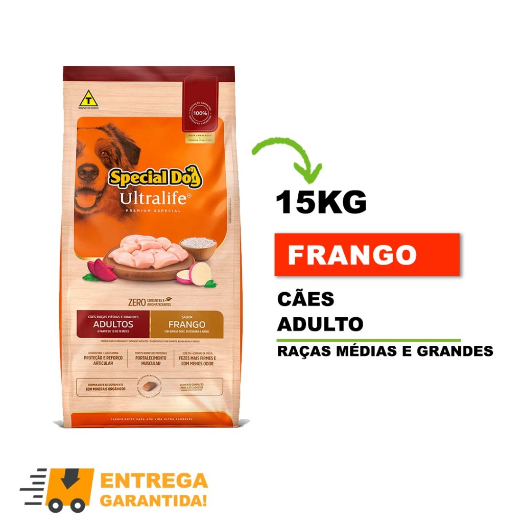 Ração Special Dog Ultralife Cães Adultos Raças Médias Grandes Alimento Sabor Frango Arroz 15Kg