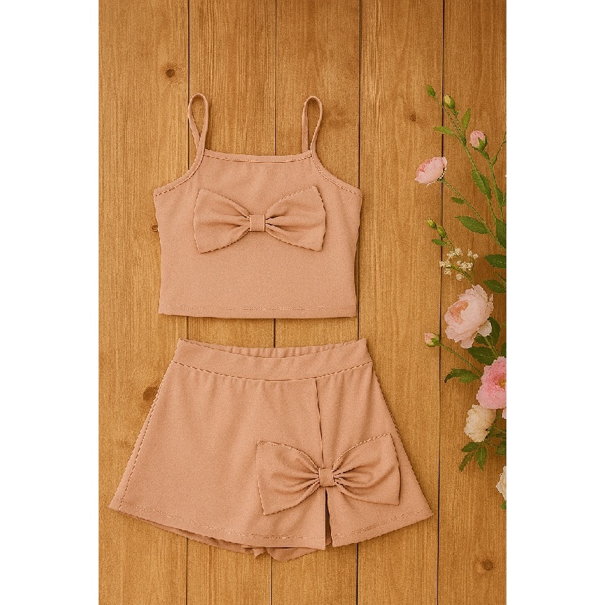 Conjunto Infantil e Juvenil para Meninas e Adolescentes Suplex Blusa Cropped Laço e Shorts Saia Laço (CJI037)