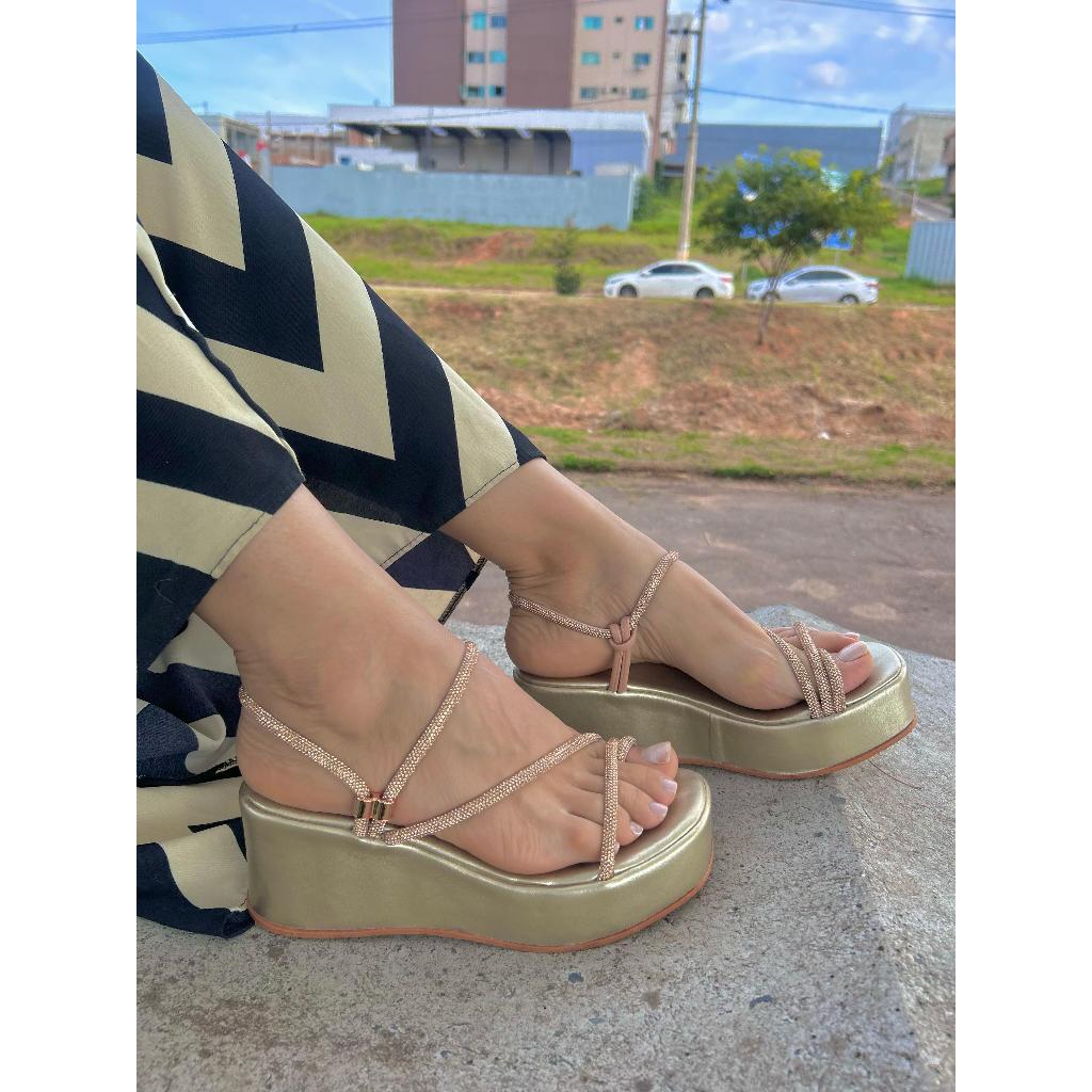 Sandália Tamanco Anabela Plataforma Salto Feminina Brilho Leve Confortável strass com regulador Flat Flatform