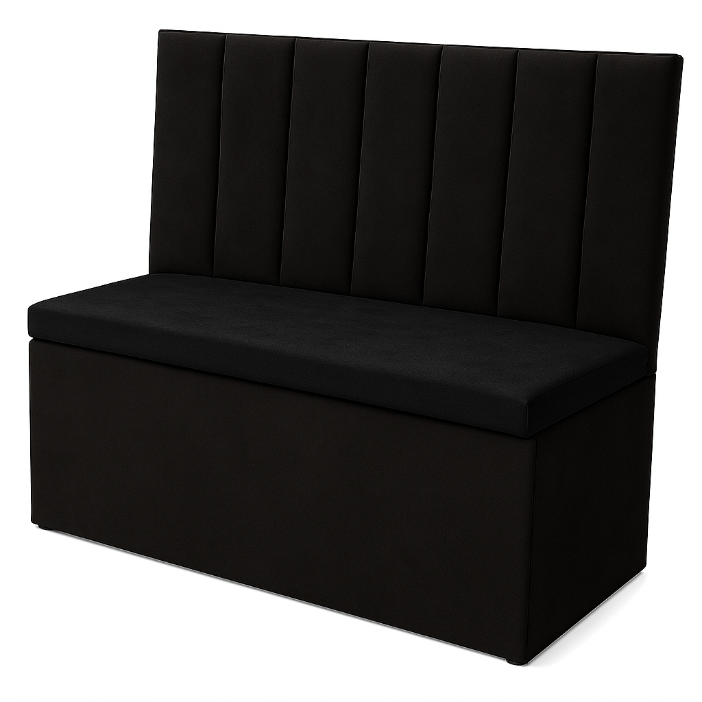 Canto Alemão Preto Baú Encosto Ripado Suede 110x45cm Para Sala Mesa de Jantar Retangular Moderna