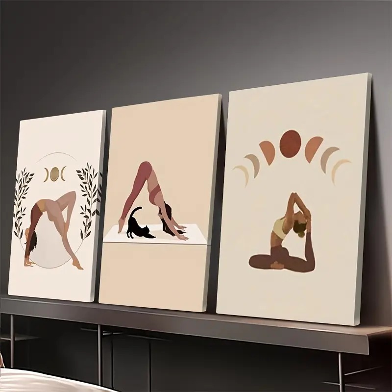 Imagem Kit 3 Quadros Yoga Meditação Fases da Lua Zen Boho Para Sala Quarto Decoração Espiritual